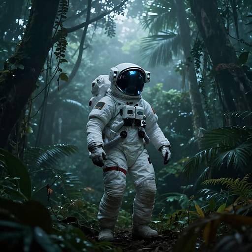 Sci-Fi Astronaut in Foggy Jungle