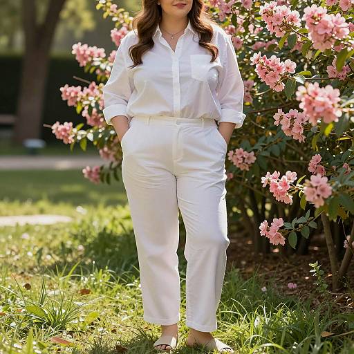 Plus Size Woman in White Outfit in Garden