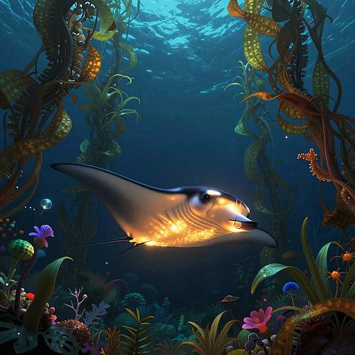 Midnight Kelp Forest Bioluminescent Manta Illustration