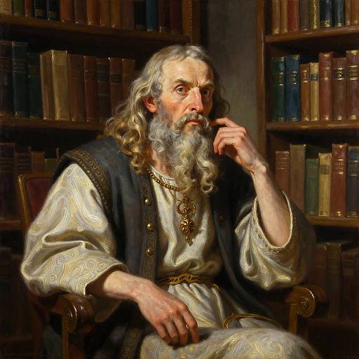Digital painting of an elderly man with long, curly gray hair and beard, wearing ornate, cream-colored robes and a dark vest, seated in a