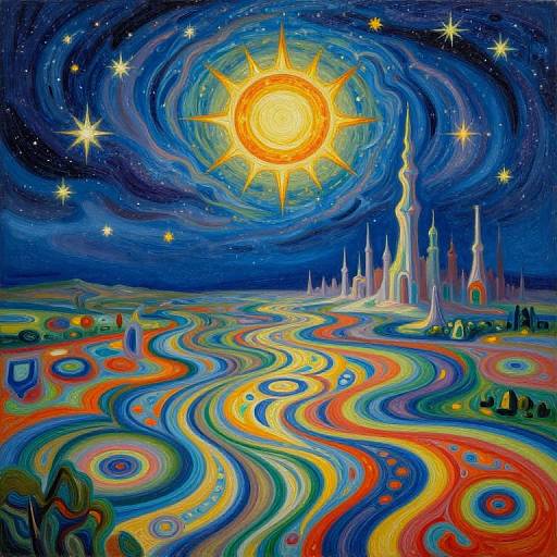 Vibrant, swirling, psychedelic painting of a radiant sun in a starry, blue night sky, illuminating a colorful, wavy landscape with