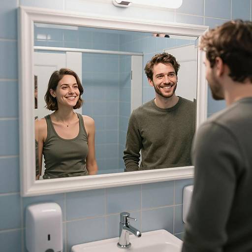 Couple Smiling in Bathroom Mirror Reflection