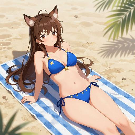 Anime-style drawing of a brown-haired girl with cat ears, wearing a blue star-patterned bikini, lying on a beach towel under palm leaves.