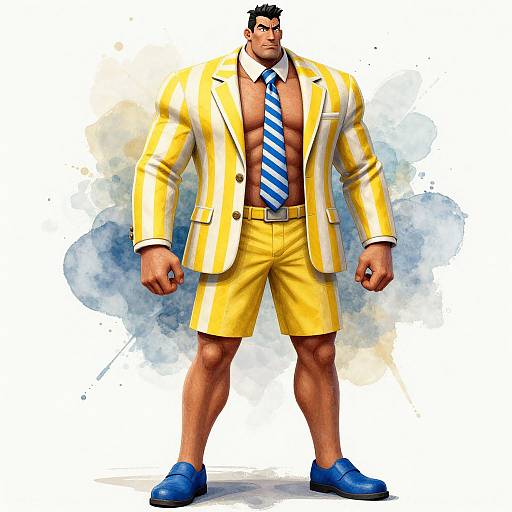 Muscular man in yellow striped suit, blue tie, yellow shorts, blue shoes, standing confidently against watercolor background. Digital art style.