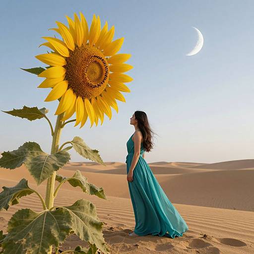 Photograph of a woman in a flowing teal dress, standing beside a towering sunflower, with a crescent moon in a desert sky.