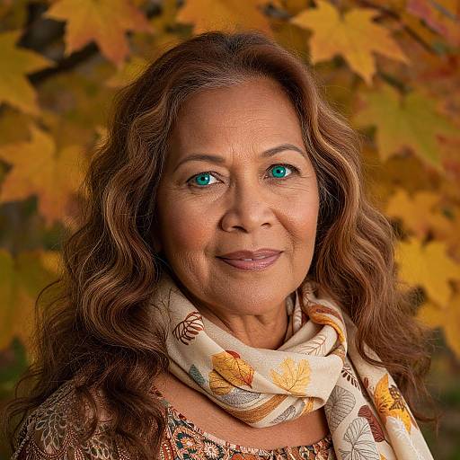 Photograph of an older woman with blue eyes, wavy brown hair, wearing a floral scarf and autumn-patterned top, against a backdrop of vibrant