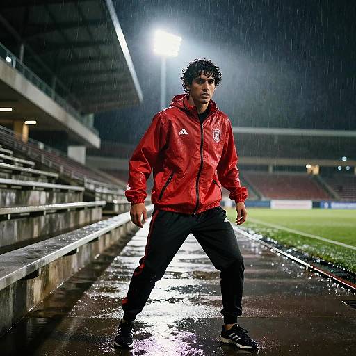 Photograph of a curly-haired man in a red Adidas jacket and black pants, standing in a rain-soaked stadium under bright lights.