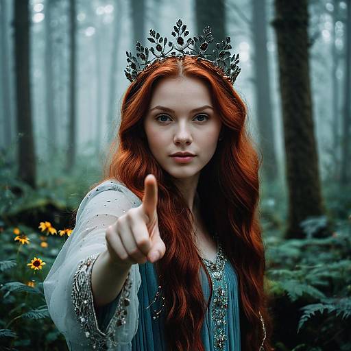 Red-haired Woman in Enchanted Forest with Crown