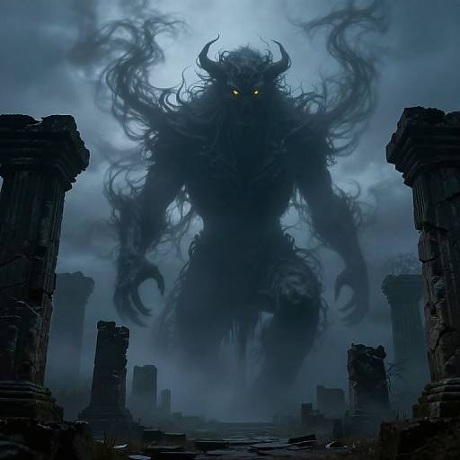 Digital artwork of a towering, shadowy, horned monster with glowing yellow eyes, looming over a ruined, blue-hued, cloudy, ancient ruin