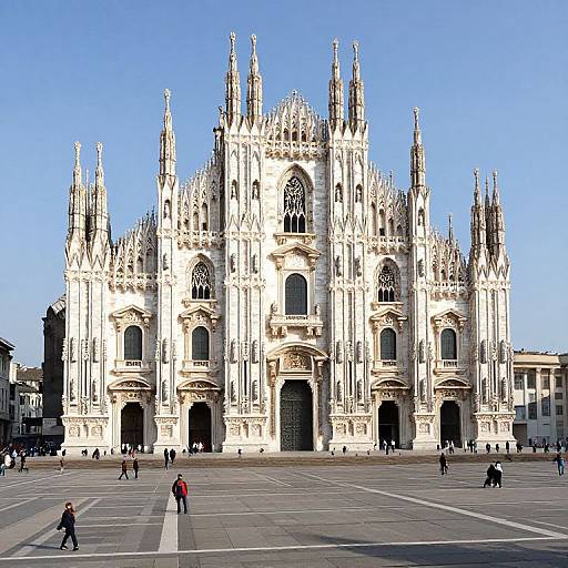 Photograph of Milan's stunning Gothic Duomo, featuring intricate white marble spires, large arched windows, and a clear blue sky, with a