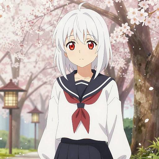 Anime-style digital drawing of a white-haired girl with red eyes, wearing a navy and white school uniform, standing under cherry blossoms.
