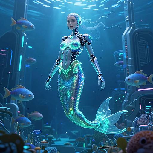 Digital CGI of a glowing, futuristic mermaid with metallic armor and iridescent scales, floating in a sci-fi underwater lab with colorful fish.