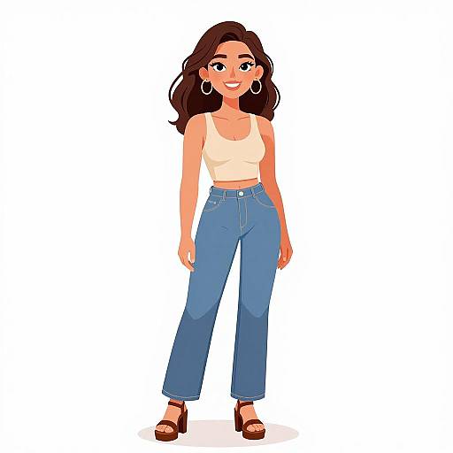Cartoon-style digital drawing of a smiling woman with medium skin tone, brown wavy hair, wearing a white tank top, blue high-waisted