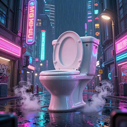 Photorealistic CGI: Glowing neon-lit, rainy urban street with a white toilet in the center, steam rising from the wet ground. Vibr