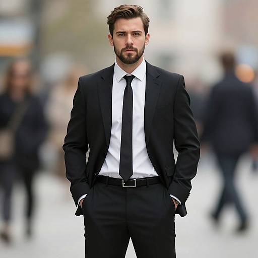 Photograph of a handsome, bearded white man with short brown hair, wearing a black suit, white shirt, and black tie, standing confidently with
