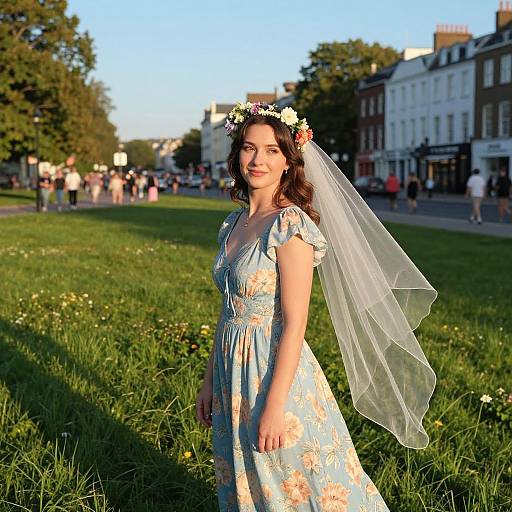 Woman in Floral Dress with Veil on Sunny Field
