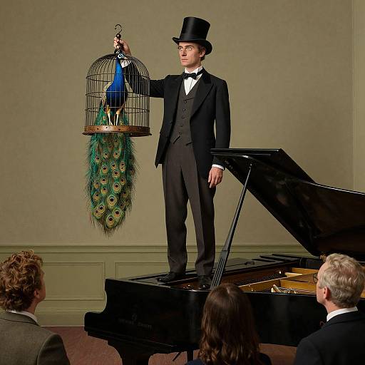 Photograph of a man in a black top hat and tuxedo, holding a birdcage with a peacock, standing beside a grand piano