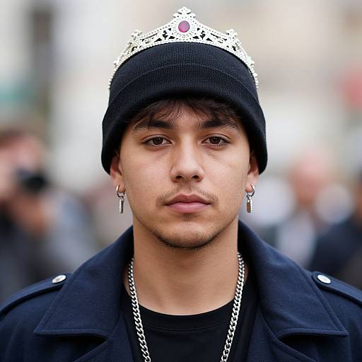 Photograph of a young man with medium skin tone, brown eyes, dark hair, black beanie, silver earrings, black jacket, and silver chain
