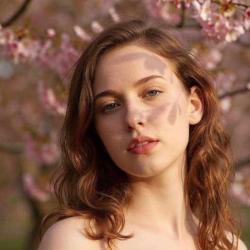 Photograph of a young woman with fair skin, wavy brown hair, and light blue eyes, standing against a blurred cherry blossom background. Soft sunlight