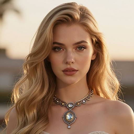 Photograph of a beautiful blonde woman with wavy hair, wearing a detailed silver necklace with a blue gem, set against a blurred sunset background.