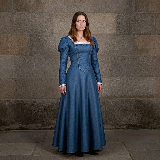 Photograph of a woman with long brown hair, wearing a blue, Victorian-style, puffed-sleeve dress and white lace trim, standing against