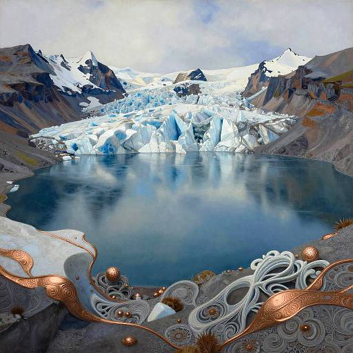 Photograph of a serene, glacier-covered mountain lake reflecting icy peaks, with intricate, swirling copper and white patterns in the foreground.