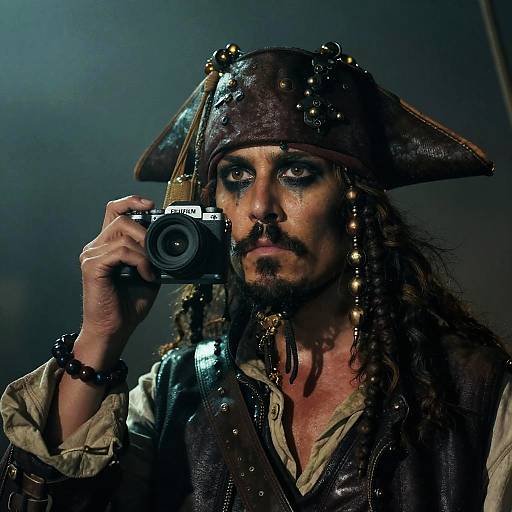 Photograph of a rugged pirate with long, braided hair, wearing a leather tricorn hat and vest, holding a Canon camera to his face.