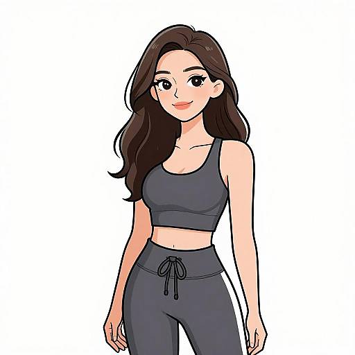 Digital drawing of a smiling woman with long brown hair, wearing a black sports bra and high-waisted black leggings, standing against a white background.