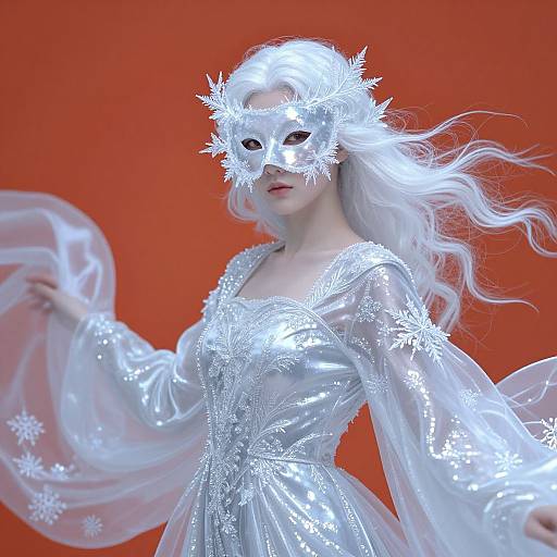 Photograph of a pale-skinned woman with long white hair, wearing a silver, snowflake-embellished mask and dress, flowing translucent sleeves