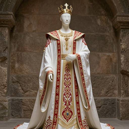Photograph of a white mannequin wearing an ornate, royal, white and red regal robe with gold embroidery, and a gold crown,