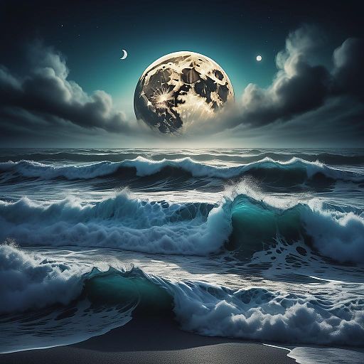 Giant Moon Over Ocean Waves and Rocky Island