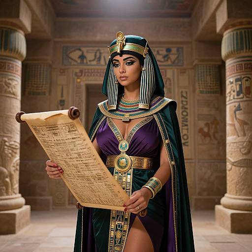 Photorealistic image of an Egyptian queen with dark skin, purple dress, and gold accessories, holding a scroll in an ancient temple.