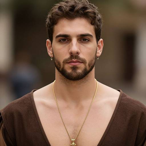 Photograph of a handsome, bearded man with dark, wavy hair, wearing a brown V-neck shirt and gold chain, standing outdoors.