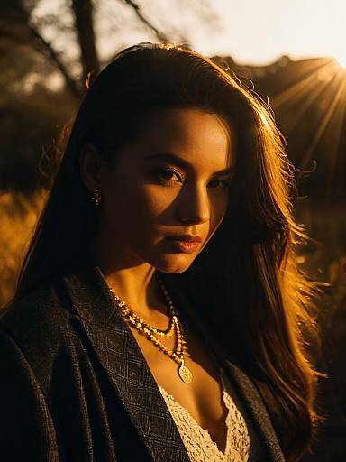Woman in Casual Chic Outfit with Layered Necklaces