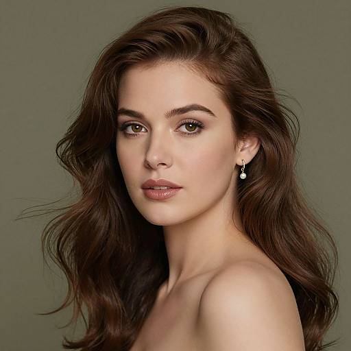 Photograph of a beautiful young woman with long, wavy brown hair, fair skin, brown eyes, and subtle makeup, wearing small diamond earrings,