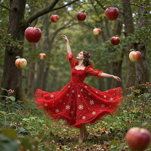 Photograph of a fair-skinned woman with dark brown hair in a red, floral dress, dancing in a forest, with floating red apples above her