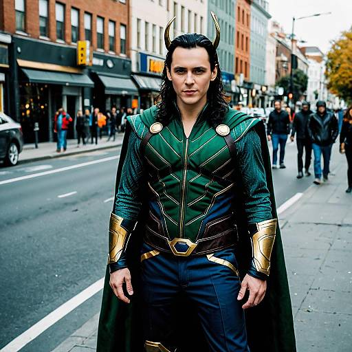 Photograph of a man with dark hair and green superhero costume with gold accents, black cape, and horned headpiece, standing on a city street