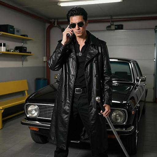 Man in Black Leather Coat with Sword in Garage