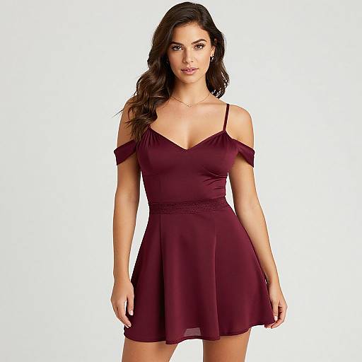 Photograph of a woman with long brown hair, wearing a deep maroon, off-shoulder, short-sleeve, flared dress,