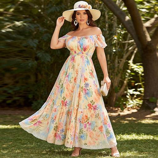 Photograph of a woman in a floral, off-shoulder, maxi dress, white sunhat, and dangling earrings, standing on grass in a