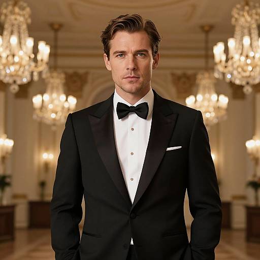 Photograph of handsome man with short brown hair, wearing black tuxedo, white shirt, black bow tie, standing in elegant ballroom with crystal