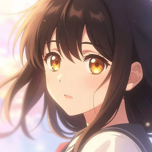 Digital anime-style portrait of a young girl with large, golden-brown eyes and long, dark brown hair, wearing a white and navy sailor uniform,