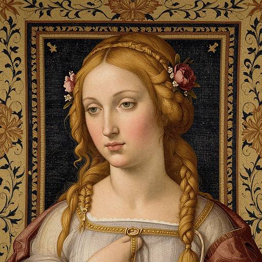 Renaissance-style painting of a fair-skinned woman with red braided hair, pink rose hairpins, and a gold-trimmed white gown