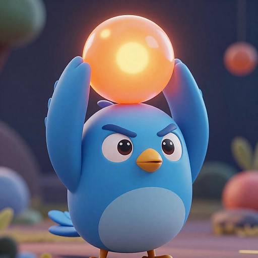 Blue Cartoon Bird Holding Glowing Orb