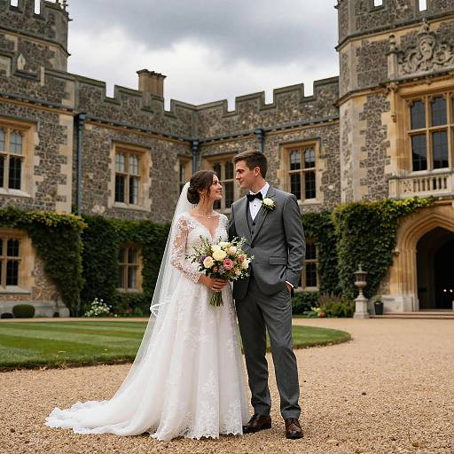 Photograph of a bride in a lace white gown and veil, holding a bouquet, standing beside a groom in a gray suit, in front of a