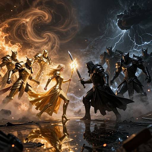 Dynamic digital artwork: Silhouetted warriors in fiery and lightning-filled battle, wielding swords, surrounded by swirling flames and electrifying storms.