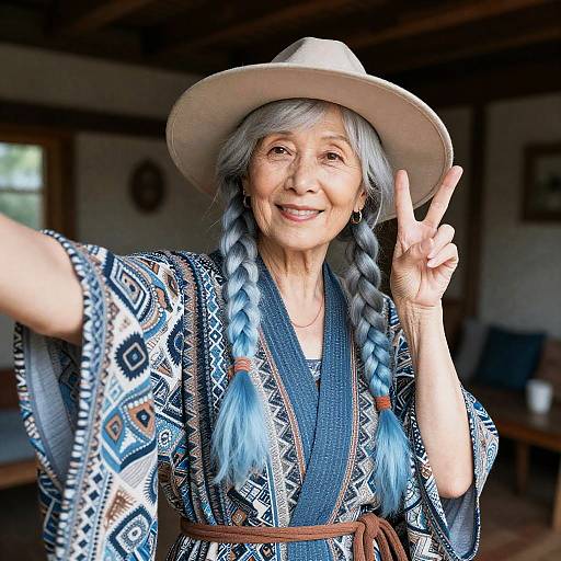 Elderly Woman Bohemian Cabin Selfie