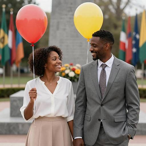 Smiling Black Couple Holding Balloons Outdoors