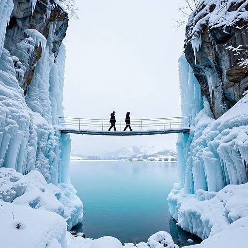 Photograph of two silhouetted figures walking on a narrow, icy bridge between towering, icicle-covered cliffs with a frozen, reflective river below