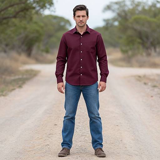 Photograph of a serious-looking man with short dark hair, wearing a maroon shirt, blue jeans, and brown shoes, standing on a dirt path
